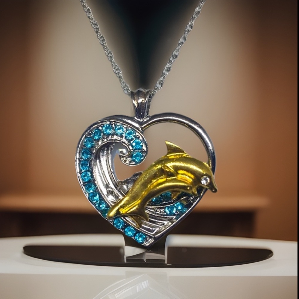 Unique Gold Dolphin Jumping Thru A Wave In Side Of A ❤️ Pendant Silver Necklace